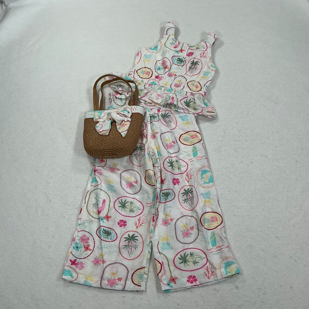 Tahari Girl 3T Tropical 3 Piece Set Peplum Top Wide Leg Pants and Purse White